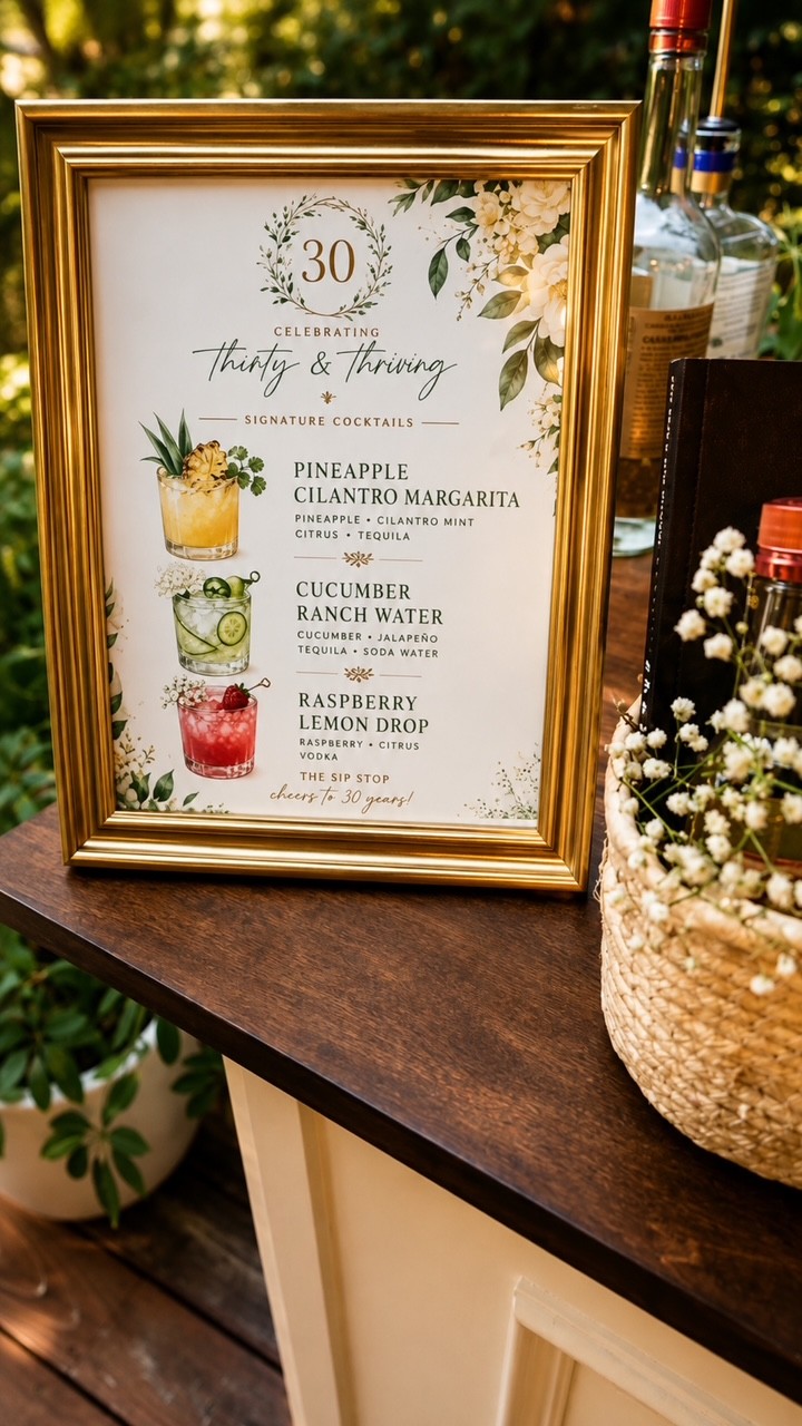 A gold-framed signature cocktail menu on the bar