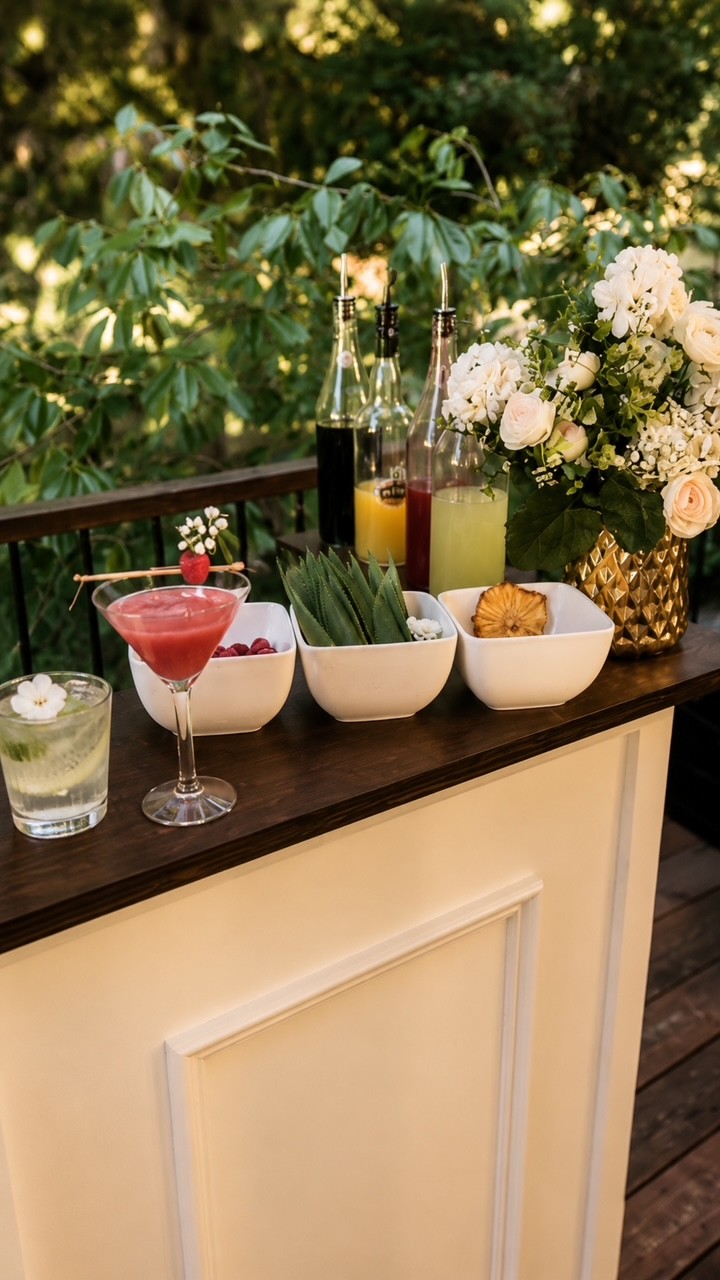 Cocktails, fresh garnishes, and white flowers on the portable bar