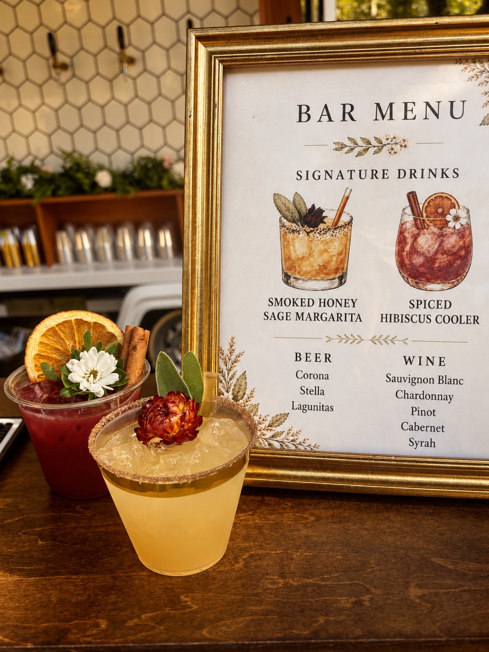 Signature beverages beside a framed bar menu