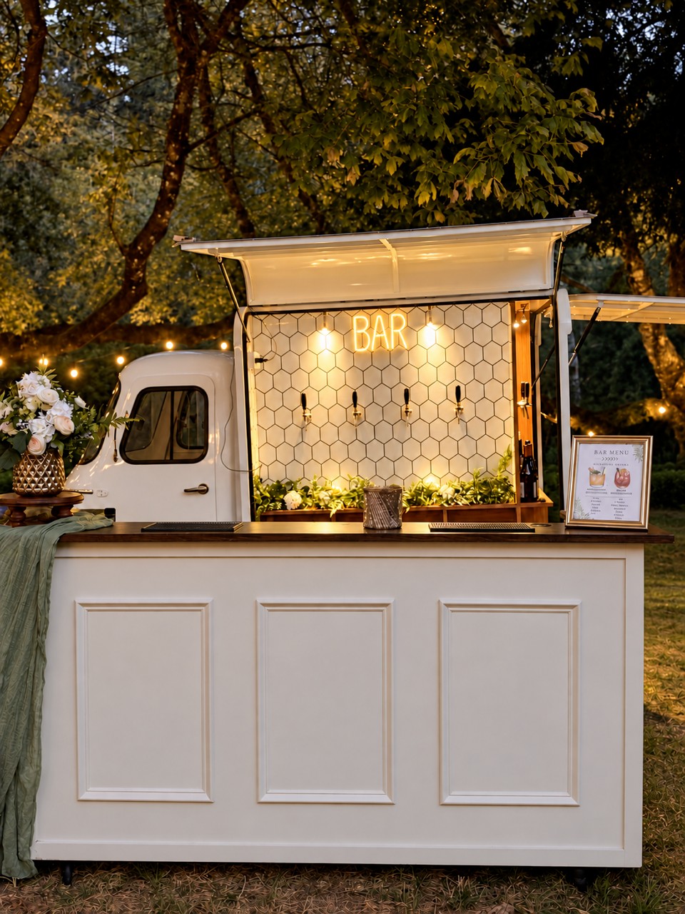 Piaggio and white bar beneath leafy trees
