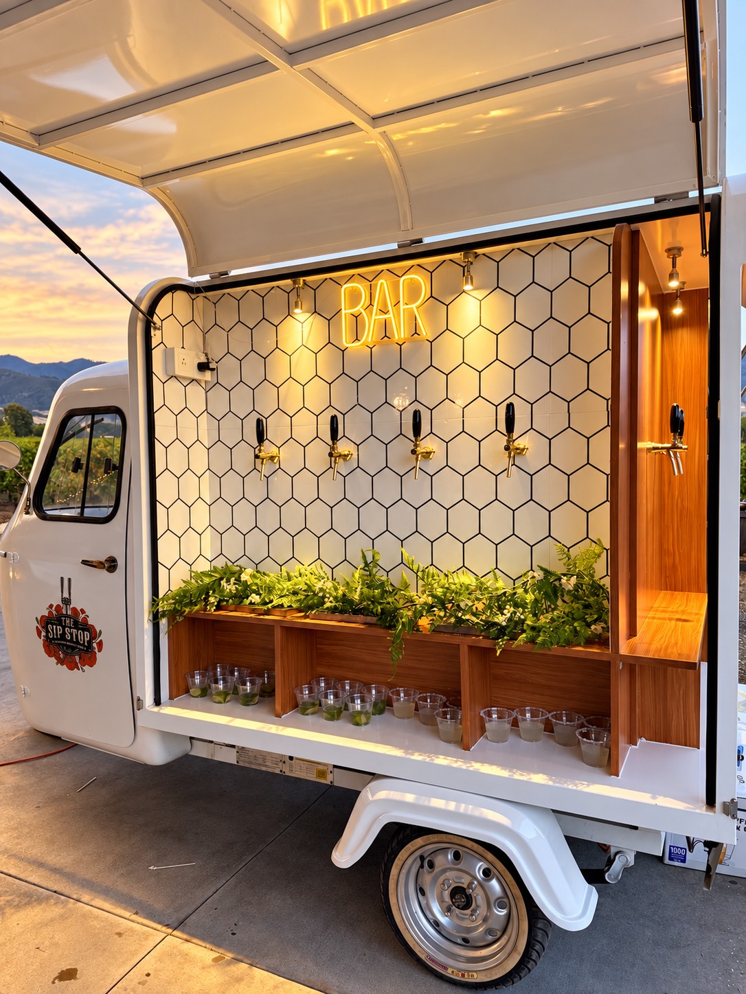 White Piaggio tap cart with floral accents