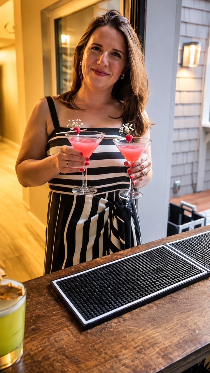A guest holding two raspberry cocktails at the bar