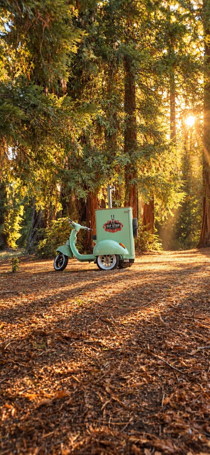 The Sip Stop mint-green Vespa tap cart in golden light among redwood trees