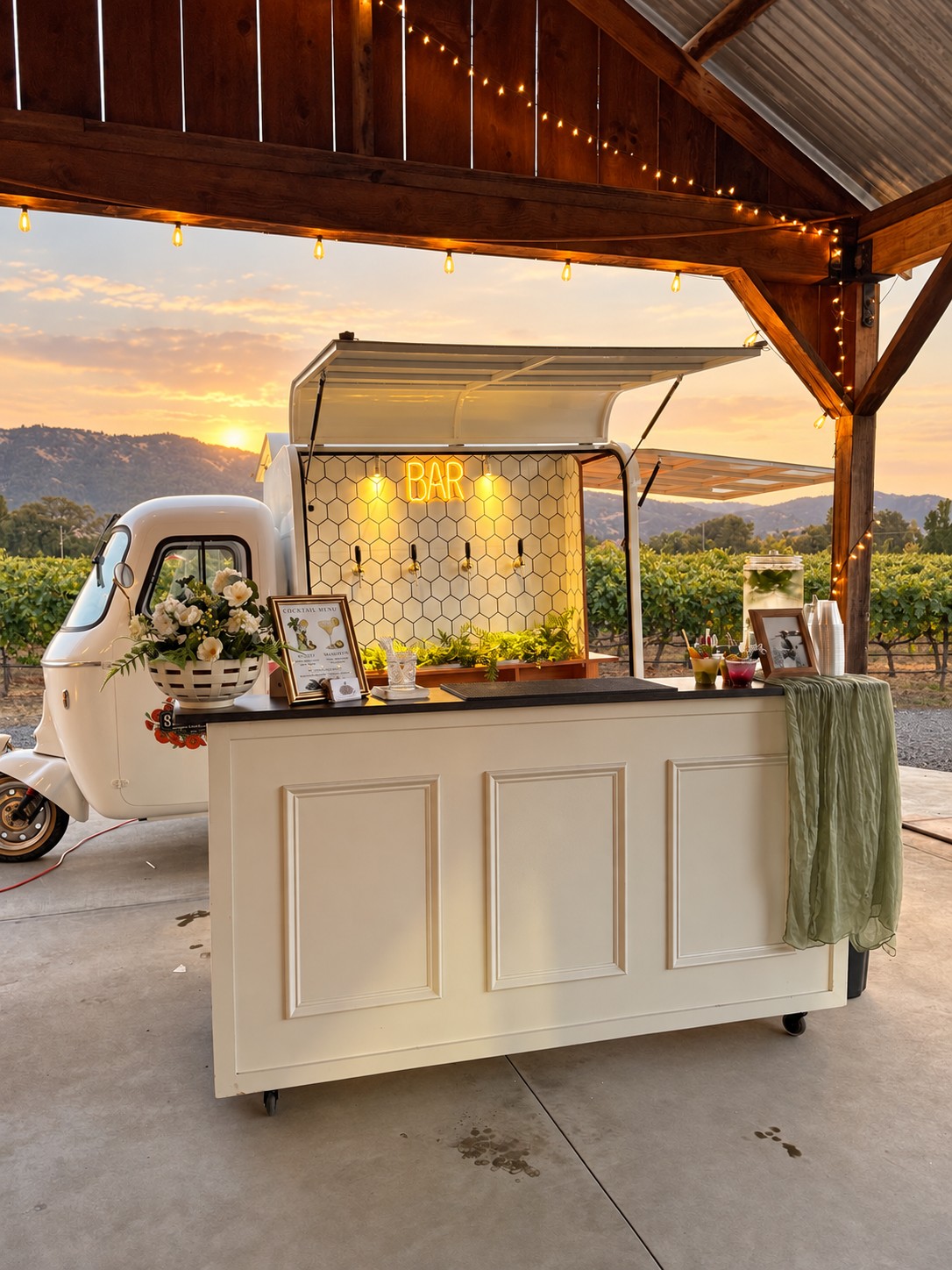 Wedding bar beneath a timber pavilion overlooking the hills